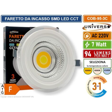 FARETTO COB LED DA INCASSO ROTONDO 7W COLORE BIANCO CCT SWITCH CON SELEZIONE TEMPERATURA DI LUCE 3000K - 4000K - 6500K
