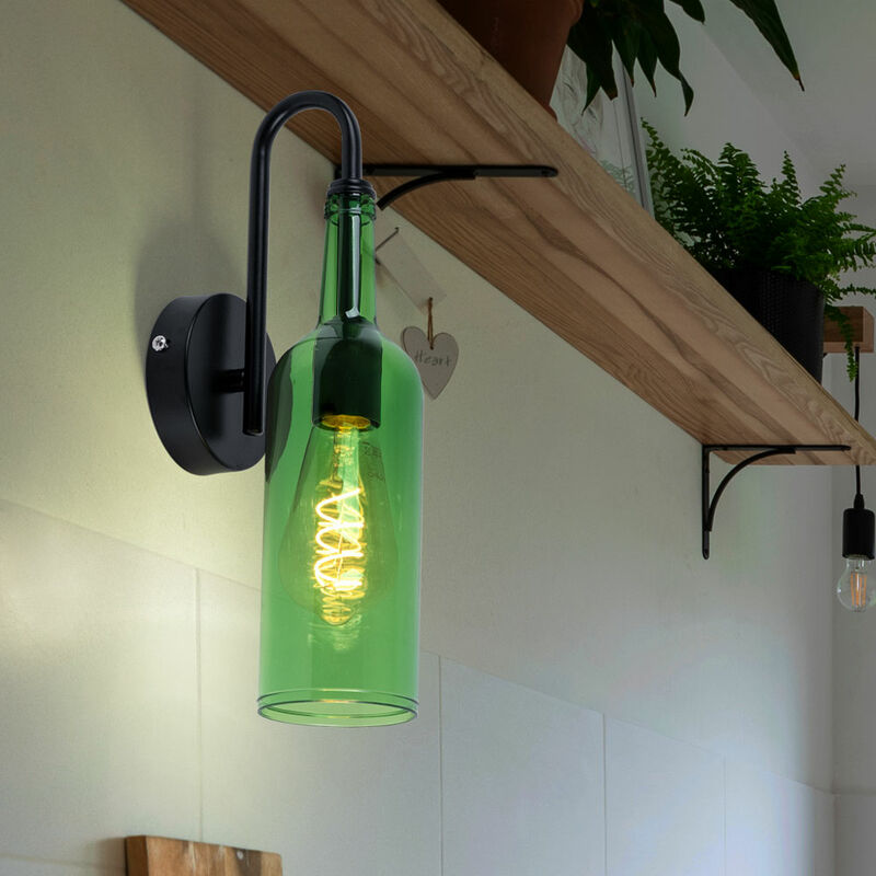 Image of Faretto da parete faretto da parete lampada da soggiorno design bottiglia, metallo nero acrilico verde, 1x E27 max 8W, LxA 10x35cm