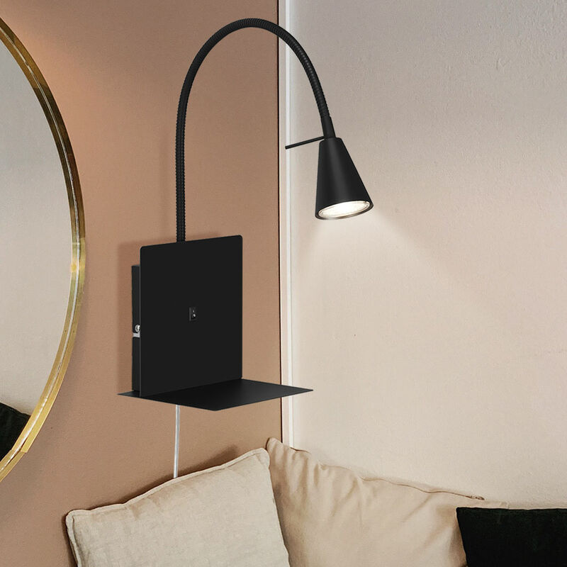 Image of Etc-shop - Faretto da parete nero Lampada da parete Flexospot applique orientabile con mensola, metallo, 1x led 5W 400Lm bianco caldo, LxPxA