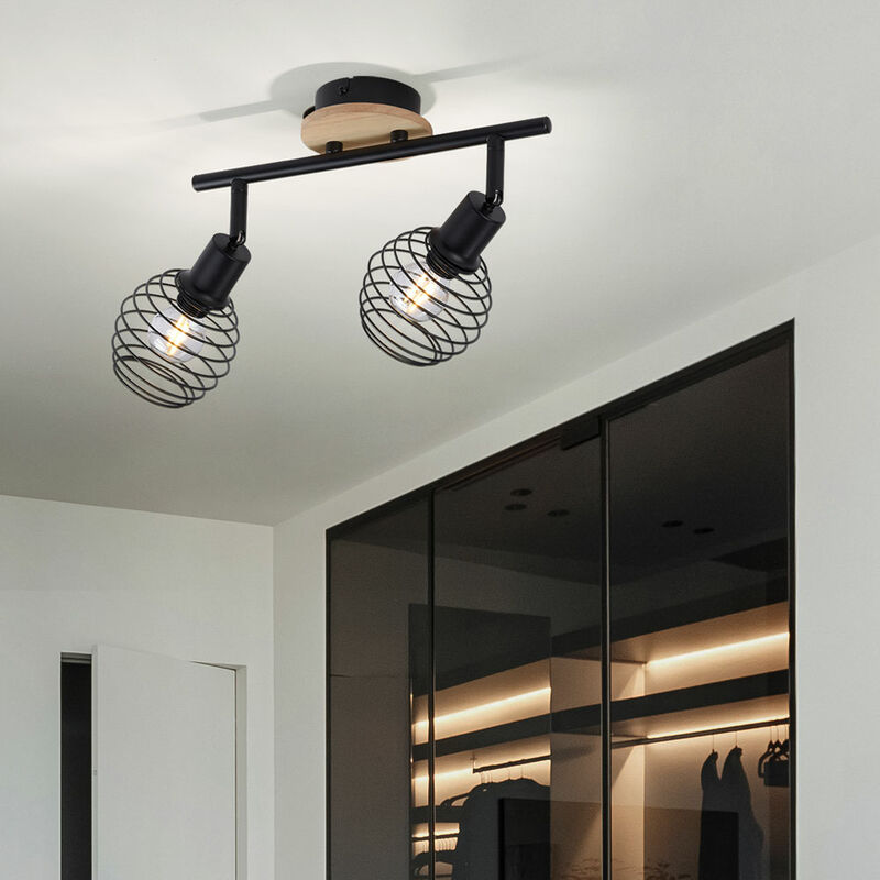 Image of Faretto da soffitto 2 fiamme faretti neri plafoniera lampada da soffitto orientabile nera, accenti legno, schermi a gabbia, 2x prese E14, l 50 cm