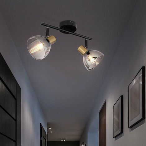 Faretto da soffitto 2 fiamme plafoniera plafoniera retrò nera sala da pranzo con faretti girevoli, ottone nero, vetro fumé, LxPxH 30x11x17,5 cm