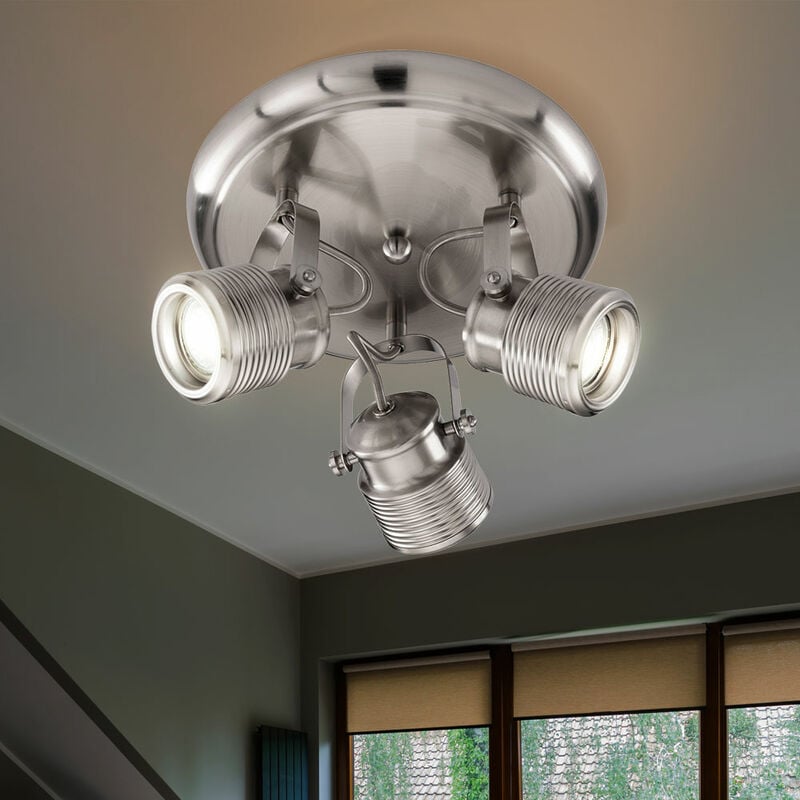 Image of Etc-shop - Faretto da soffitto 3 fiamme retro lampada soggiorno soffitto 3 faretti plafoniera tonda, orientabile, metallo nichel opaco, 3x prese