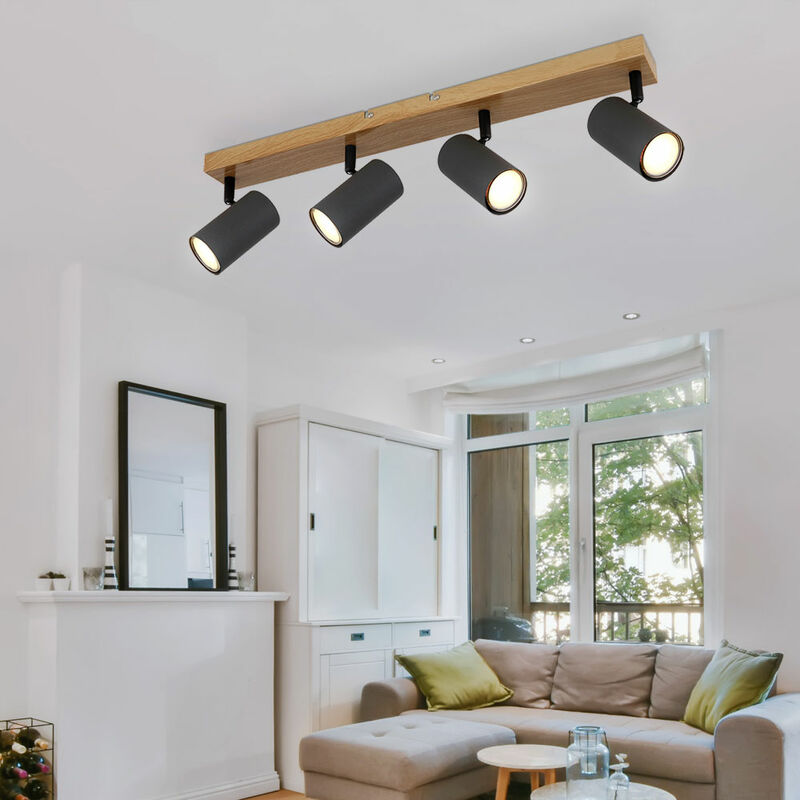Image of Faretto da soffitto 4 fiamme plafoniera aspetto legno GU10 lampada da soffitto soggiorno con faretti orientabili, metallo, 4x GU10, LxPxH 56x6x12 cm