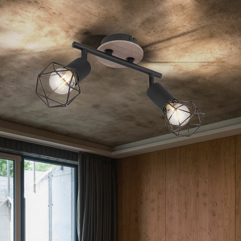 Image of Faretto da soffitto, lampada da soffitto, nero, luce soggiorno, barra spot in legno, 2 fiamme regolabili, metallo opaco, 2x E14, LxLxA 22x10x18 cm