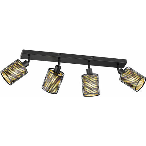 Faretto da soffitto, lampada da soggiorno, 4 fiamme, design a traliccio, faretti mobili, acciaio, nero dorato, 4 prese E14, LxPxH 64x10x18 cm