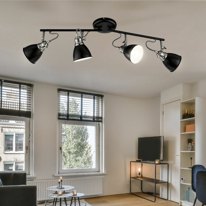 Image of Faretto da soffitto, plafoniera moderna, nero, lampada da soggiorno a 4 fiamme, barra spot orientabile, metallo rotondo, 4x E14, LxPxA 70x12,5x22 cm