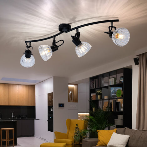 Faretto da soffitto Spot bar nero Plafoniera 4 fiamme Lampada da soffitto soggiorno, faretti orientabili, metallo vetro, 4x E14, LxH 70 x 18 cm