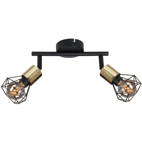 Faretto da soffitto vintage plafoniera 2 punti luce metallo nero, faretti mobili, rete metallica retro oro, 2x prese E14, HxLxL 20x22x8 cm