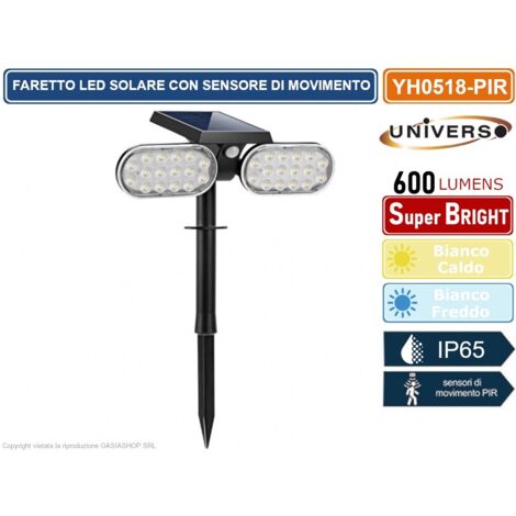 FARETTO DOPPIO A LED DA GIARDINO SNODABILE RICARICABILE 16W CON PANNELLO SOLARE CON PICCHETTO IP65 - Colore Luce:Bianco Caldo