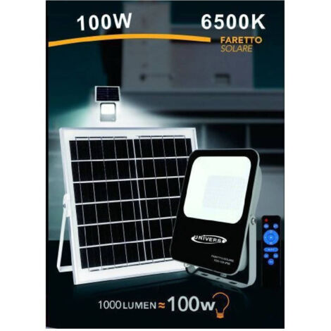Faretto Faro Led Solare 100 Watt Con Telecomando Ip65 Luce Fredda 6500k Fso-100w