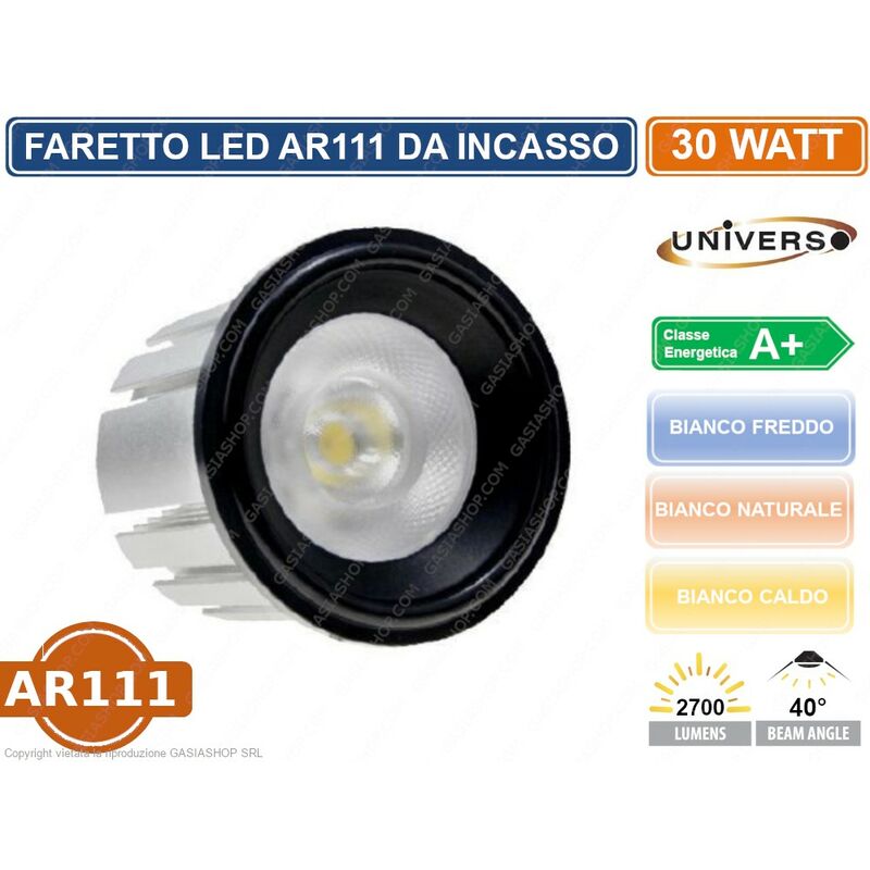 Image of Lampadina faretto led incasso AR111 30W con riflettore 40° 2700 lumen colore nero - Colore Luce: Bianco Naturale