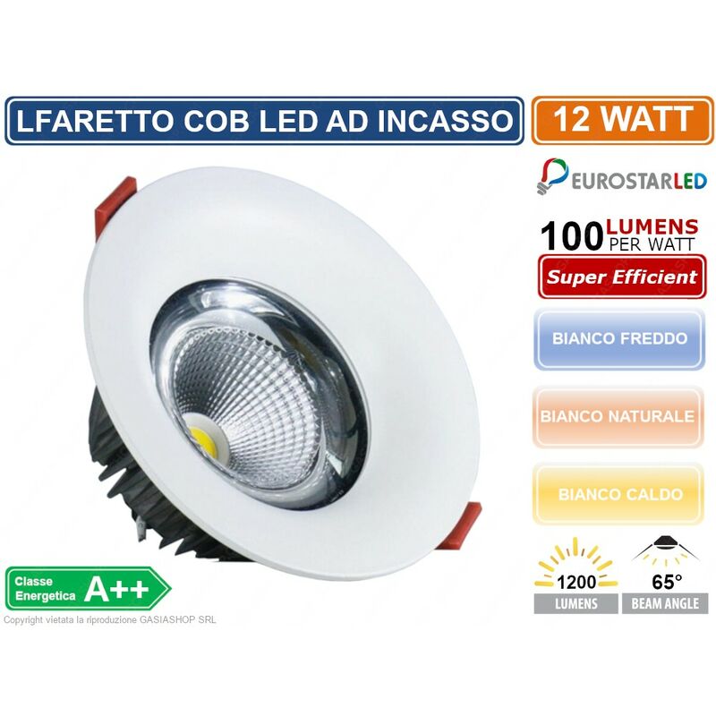 Image of Faretto lampada proiettore led cob da incasso rotondo colore bianco 12W IP20 - Colore Luce: Bianco Caldo