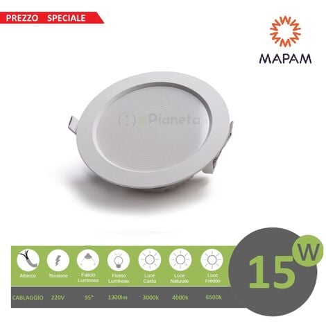 MAPAM Faretto led 15w da incasso 220V faro tondo bianco opaco per cartongesso luce fredda calda Calda