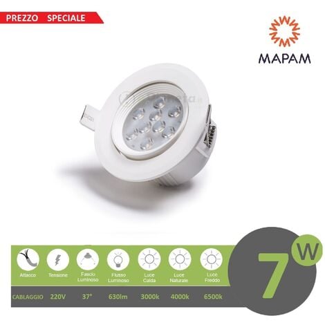 Faretto led 7w orientabile tondo 220V ghiera bianco da incasso cartongesso luce fredda naturale calda Mapam Luce Fredda