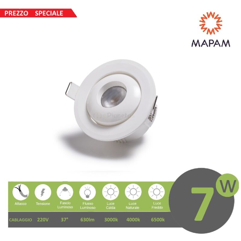 Image of Mapam - Faretto led cob 7w orientabile tondo 220V ghiera bianco da incasso cartongesso luce fredda naturale calda Luce Fredda