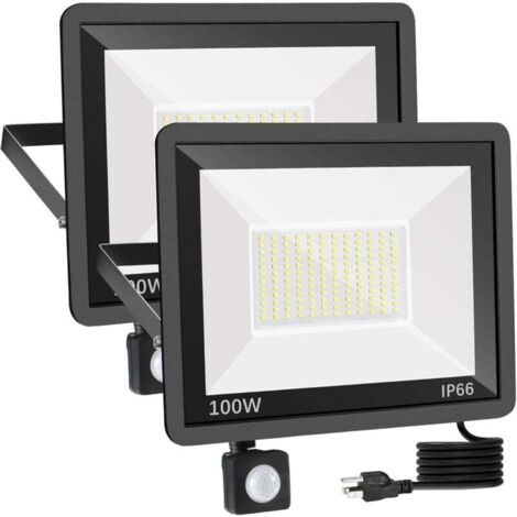 Faretto LED da esterno da 100 W con sensore di movimento, confezione da 2, faretto LED impermeabile IP66 con sensore, illuminazione esterna bianca fredda da 11500 LM a 6500 K, lampada da esterno per i