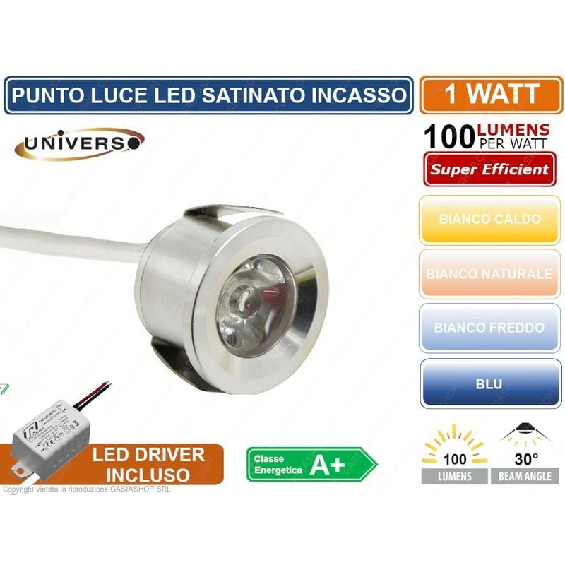 Image of Faro faretto led punto luce rotondo colore acciaio satinato incasso 1W 3000K 4000K 6500K blu - Colore Luce: Bianco Freddo