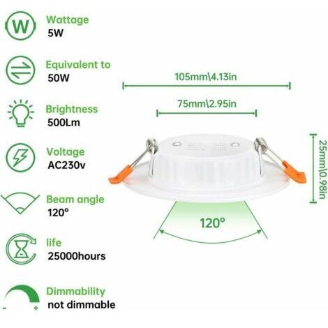 Faretto LED da incasso extrapiatto da 5W – Sostituisce 50W – Luce bianca calda 2700K – Confezione da 6 – Facile installazione 230V