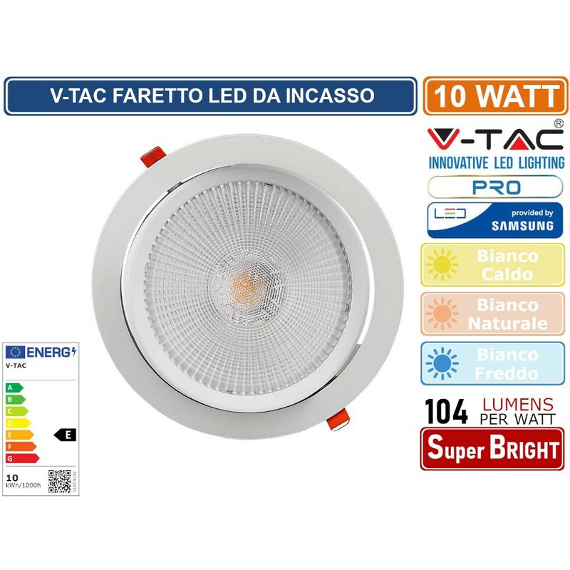 Image of Pro VT-2-10 faretto led da incasso rotondo 10W cob chip samsung - sku 21839 / 21840 / 21841 - Colore Luce: Bianco Caldo - V-tac