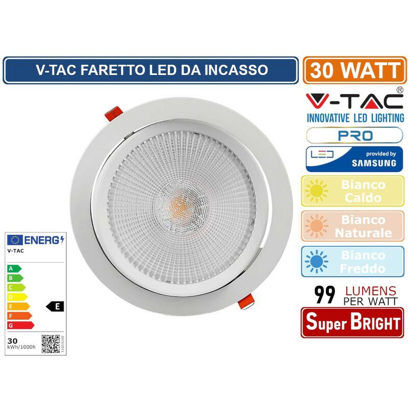 Pro VT-2-30 faretto led da incasso rotondo 30W cob...