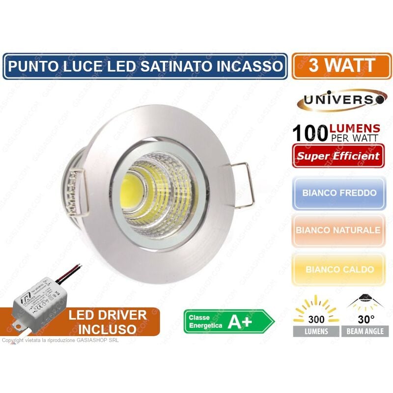 Image of Faro faretto led punto luce rotondo colore acciaio satinato incasso 3W 3000K 4000K 6500K - Colore Luce: Bianco Caldo