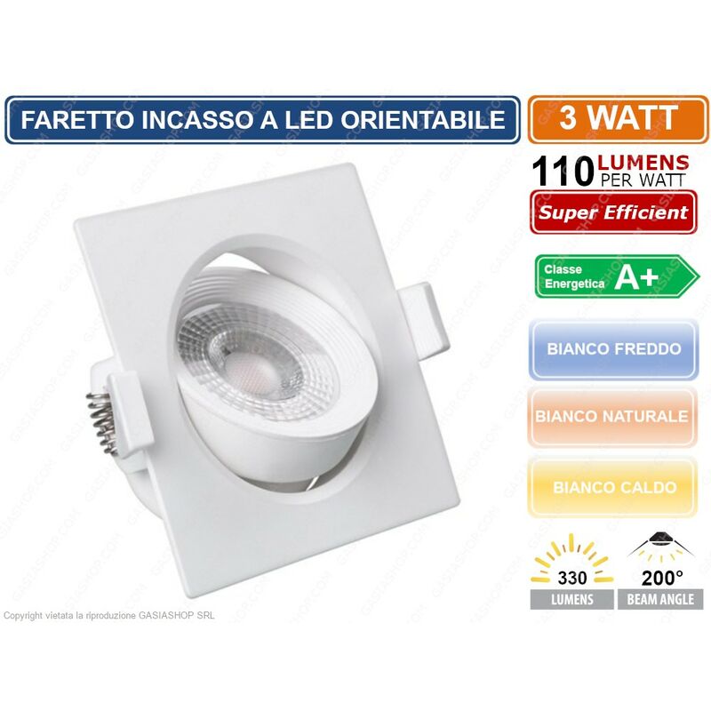 Image of Faretto led quadrato da incasso 3W smd 2835 330 lumen 2700K - 4000K - 6000K - Colore Luce: Bianco Caldo