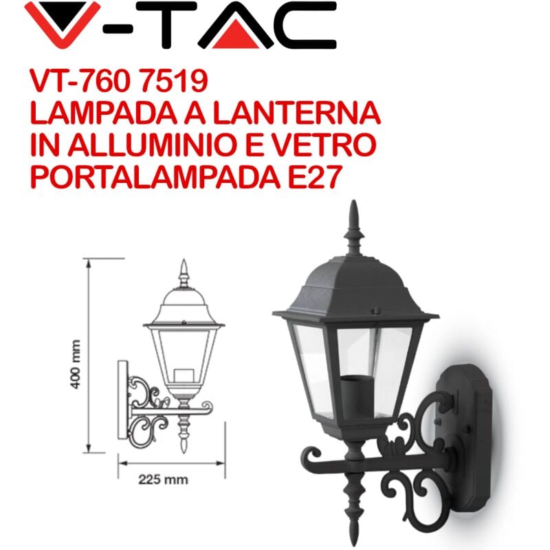 Image of VT-760 7519 Lampada led da Muro a Lanterna Piccola con Portalampada E27 (Max 60W) Rivolta Verso l'Alto Colore Nero Opaco IP44 - V-tac