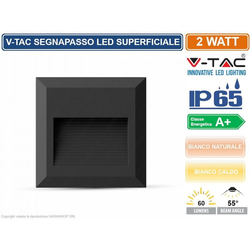 Image of V-tac - VT-1152 faretto segnapasso led a montaggio superficiale quadrato 2W per esterno colore nero - sku 1323 / 1322 IP65 - Colore Luce: Bianco