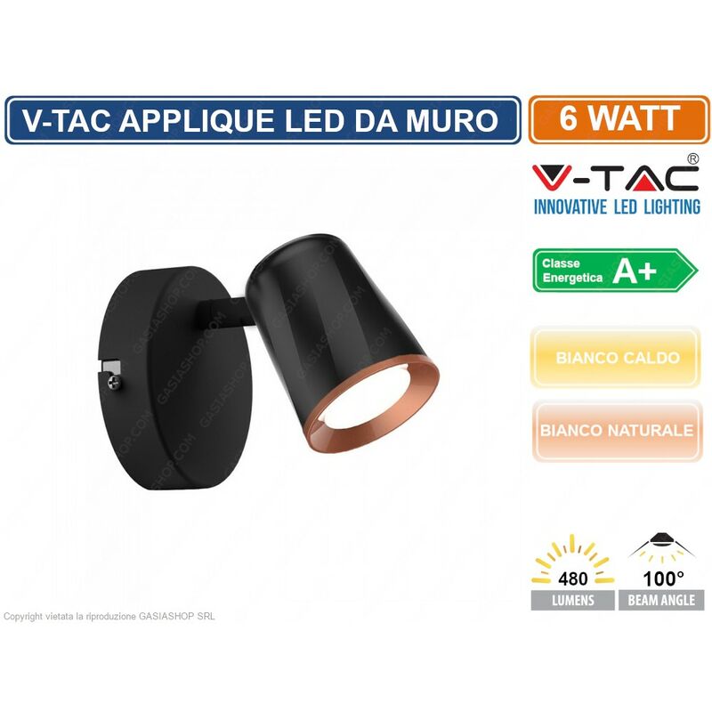 Image of VT-806 lampada da muro wall light led 6W colore nero - sku 8251 / 8253 - Colore Luce: Bianco Caldo - V-tac