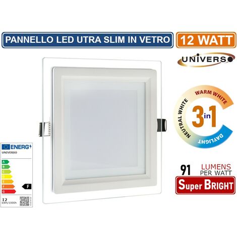 Faretto Pannello Slim Vetro 12w Quadrato CCT 3000k 4000k 6500k