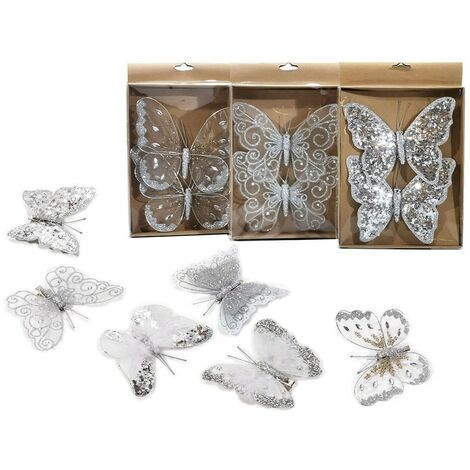 Farfalla argento addobbi decorazioni per albero di natale 6pz ornamenti casa negozi vetrine particolari moderno o vintage 18 cm