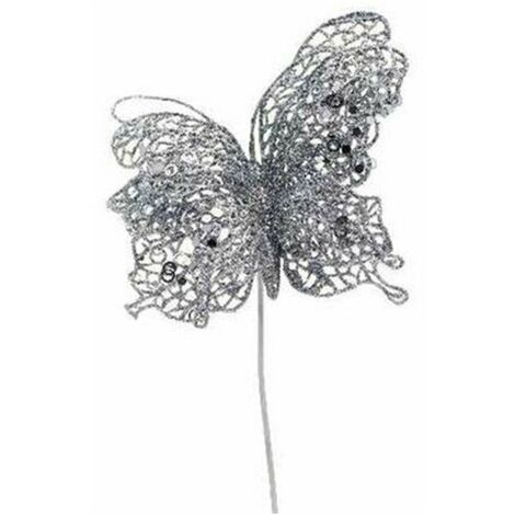 Farfalla con gambo corto per decorazione addobbo albero di natale - colore argento