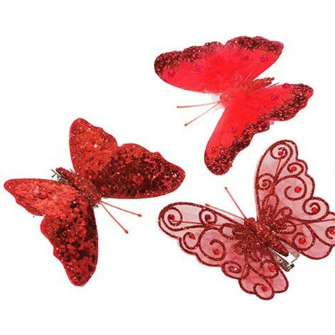 Farfalla in rosso decorazioni per addobbi albero di natale 6pz negozi vetrine casa