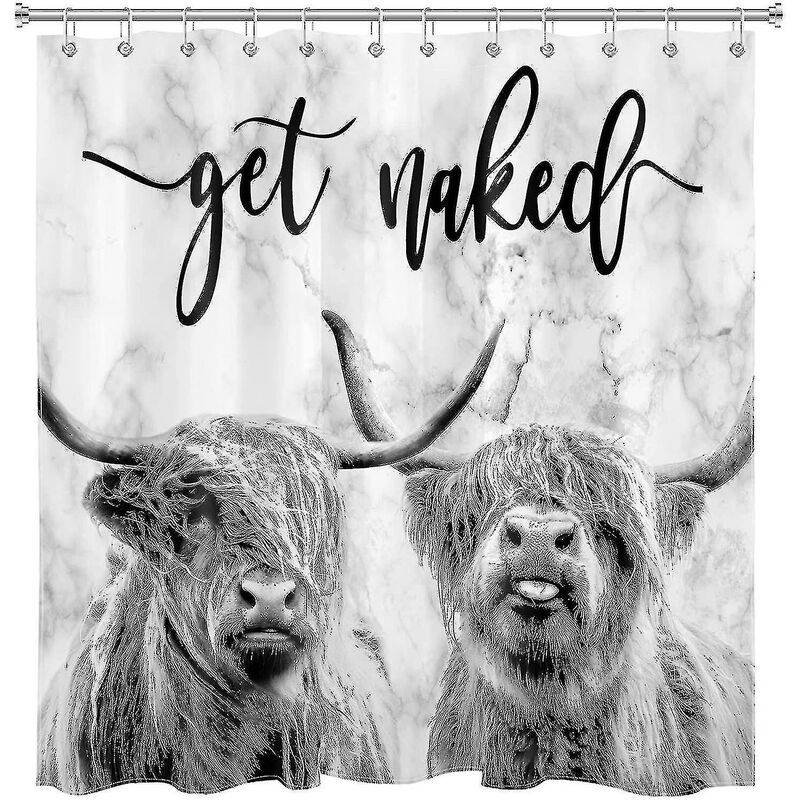 Heguyey - Farmhouse Highland Cow Shower Curtain With Hooks Funny Wildlife Bull On Modern Grey Marble Backdrop Get Naked Bathroom Curtain