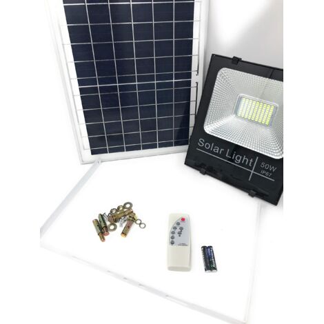 Faro A Led Da 50W SMD Luce Bianca Con Pannello Solare, Sensore E Telecomando