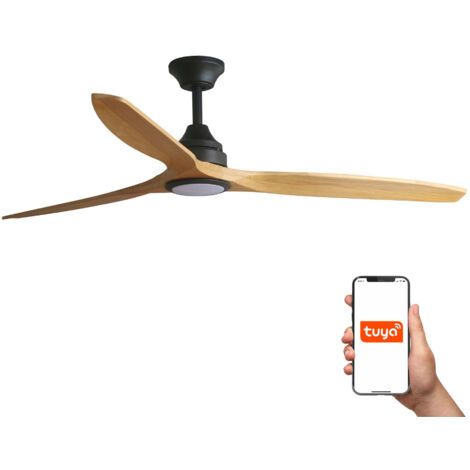 Faro Alo Lámpara de techo grande de 3 aspas, color negro mate, madera, con luz (2700-4000-6500 K), sistema inteligente Tuya