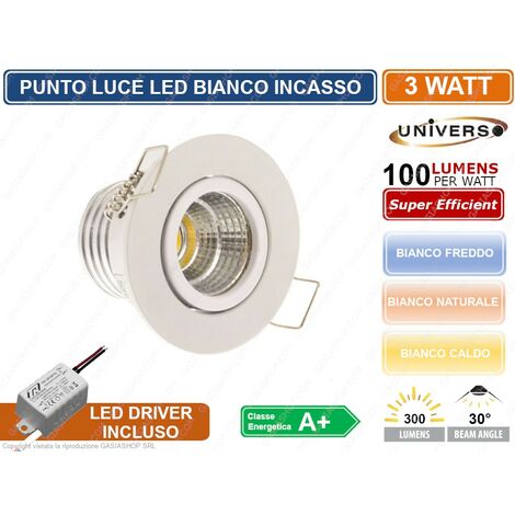 FARO FARETTO LED PUNTO LUCE ROTONDO COLORE BIANCO INCASSO 3W 3000K 4000K 6500K - Colore Luce: Bianco Freddo