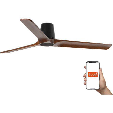 Faro Heywood Tub Ventilador de techo grande de 3 aspas, color negro mate y nogal, sistema inteligente Tuya