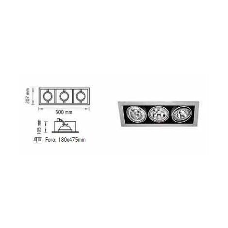 Faro Incasso Rettangolare Orientabile 12V 3x50W AR111 G53 IP 20, Foro 180x475mm, Silver