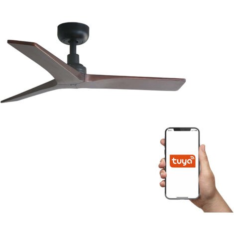 Faro Klim Ventilador de techo pequeño de 3 aspas, color negro mate y nogal, E27, sistema inteligente Tuya