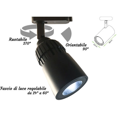 Faro Lampada Led A Binario 10W Bianco Neutro Angolo Luce Regolabile Da 24 a 60 Gradi Corpo Carcassa Nero