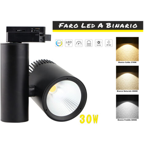 Faro Lampada Led A Binario 30W Mono Fase CCT CRI 90 Carcassa Nera 2700K 4000K 6000K 3 In 1 Luce Stretta 24 Gradi