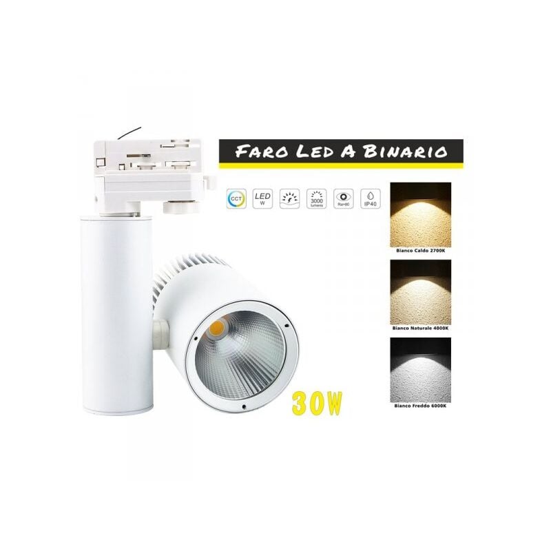Image of Faro Lampada Led A Binario 30W Trifase CCT CRI 90 Carcassa Bianca 2700K 4000K 6000K 3 In 1 Luce Stretta 24 Gradi