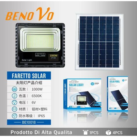 BENOVO Faro led 1000W con pannello solare Faretto con sensore crepuscolare esterno ip66 150lm/w