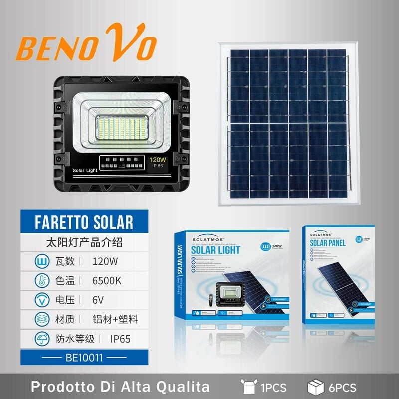 Benovo - Faro led 120W con pannello solare 8w sensore crepuscolare esterno ip66 150lm/w