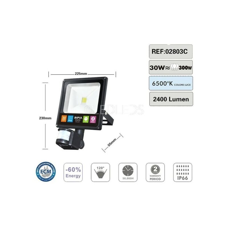 FARO LED 30W SENSORE DI MOVIMENTO ESTERNO CREPUSCOLARE LUCE BIANCA PROIETTORE