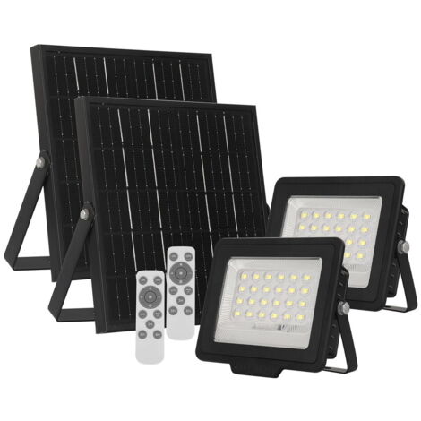 Faro Led 60W Nero con pannello solare IP66 Bianco freddo 6500K Dimmerabile con telecomando e sensore crepuscolare confezione da 2pz Wisdom