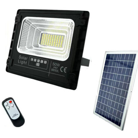 FARO LED FARETTO ALTA LUMINOSITA' PANNELLO SOLARE CREPUSCOLARE TELECOMANDO 50W