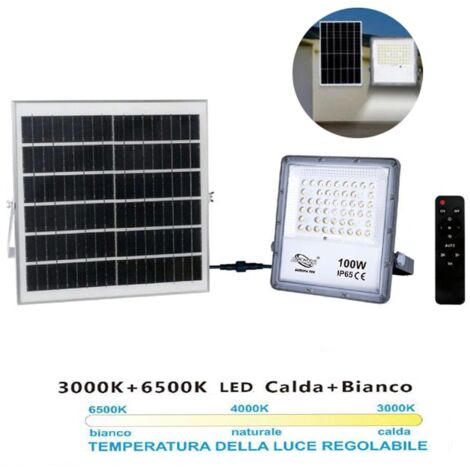 FARO LED FARETTO PANNELLO SOLARE CREPUSCOLARE TELECOMANDO DA 3000K A 6500K 100w
