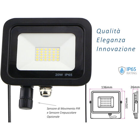 Faro Led Flood Light Slim 20W IP65 Bianco Neutro Carcassa Nera Sensore PIR Opzionale CL1918